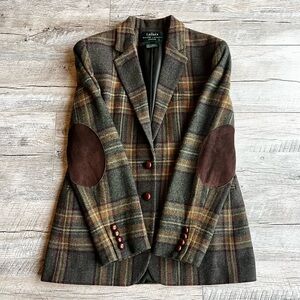 Ralph Lauren 100% Wool Plaid Vintage Leather Buttons Blazer Jacket